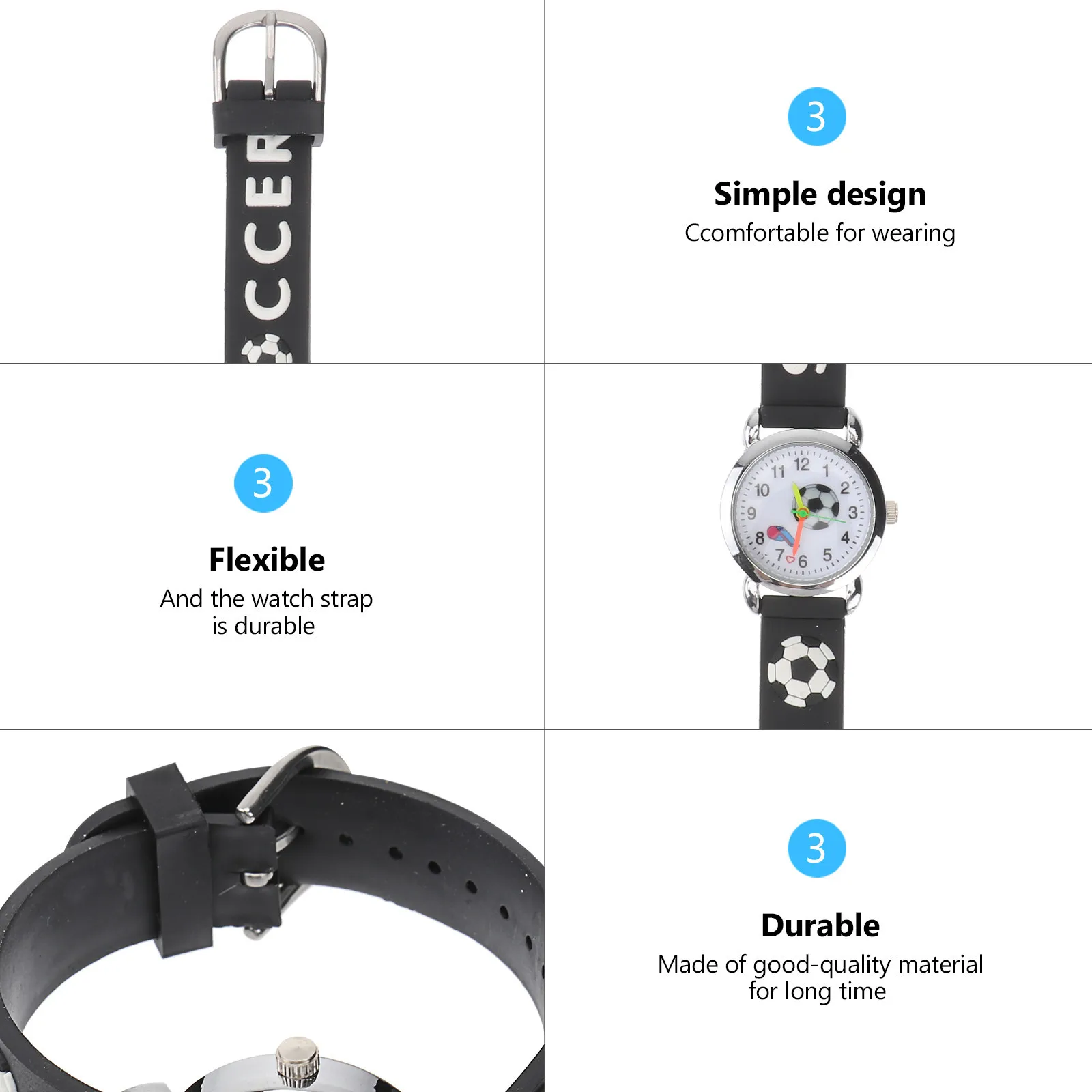 

Soccer Watch Black Cartoon Silicone Quartz Movement Sports Gift Waterproof Design Wristwatch For