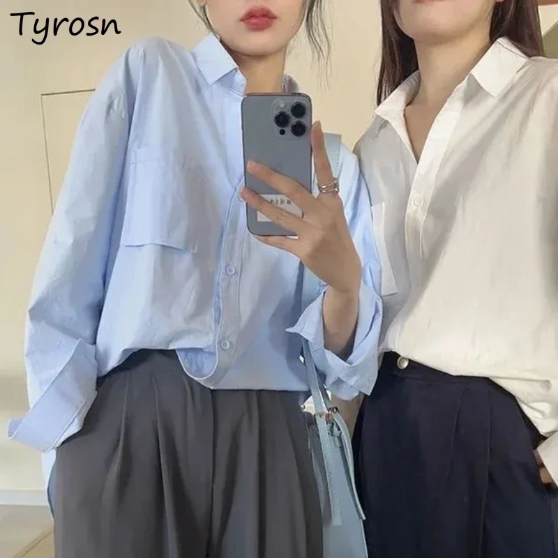 

Рубашки с длинным рукавом для женщин, корейская мода, свободные весенне-осенние однотонные простые эстетичные рубашки Y2k, шикарная офисная молодежная рубашка для отдыха