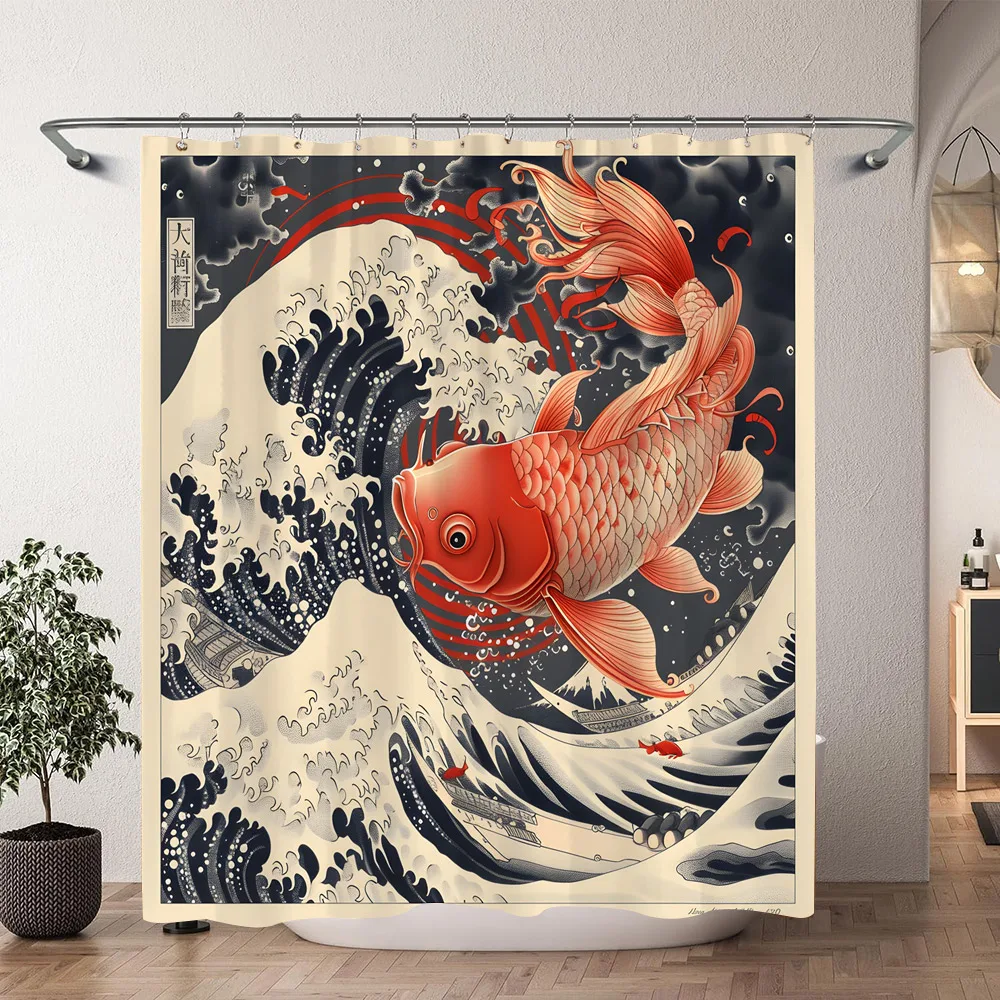 Japanese Sea Waves Red Koi Shower Curtain Ink Painting Printed Polyester Fabric Shower Curtain Bathroom Decoration with Hooks