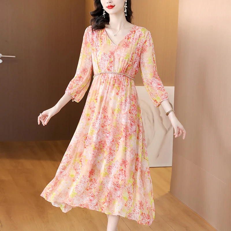 

Женское шелковое платье с принтом, свободное повседневное винтажное платье с V-образным вырезом и рукавом 2023 для отдыха, лето 3/4