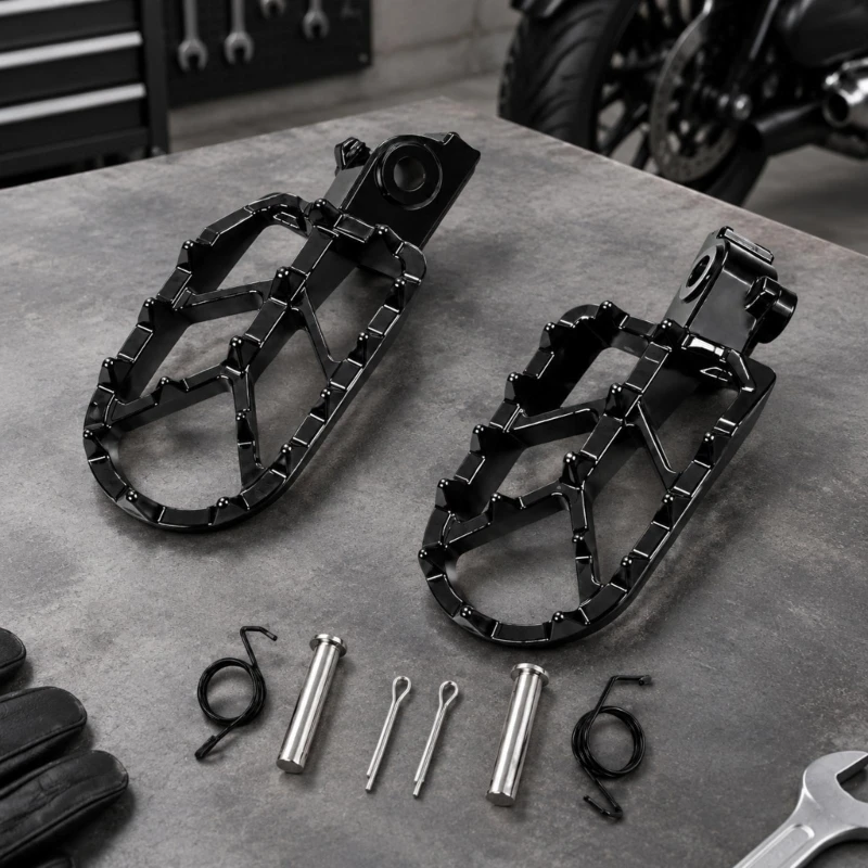 Aftermarket Foot Peg Pair for the IN10 Electric Trail Motorcycle, with Black Cast Iron Platforms, Pins, Retaining Clips, and