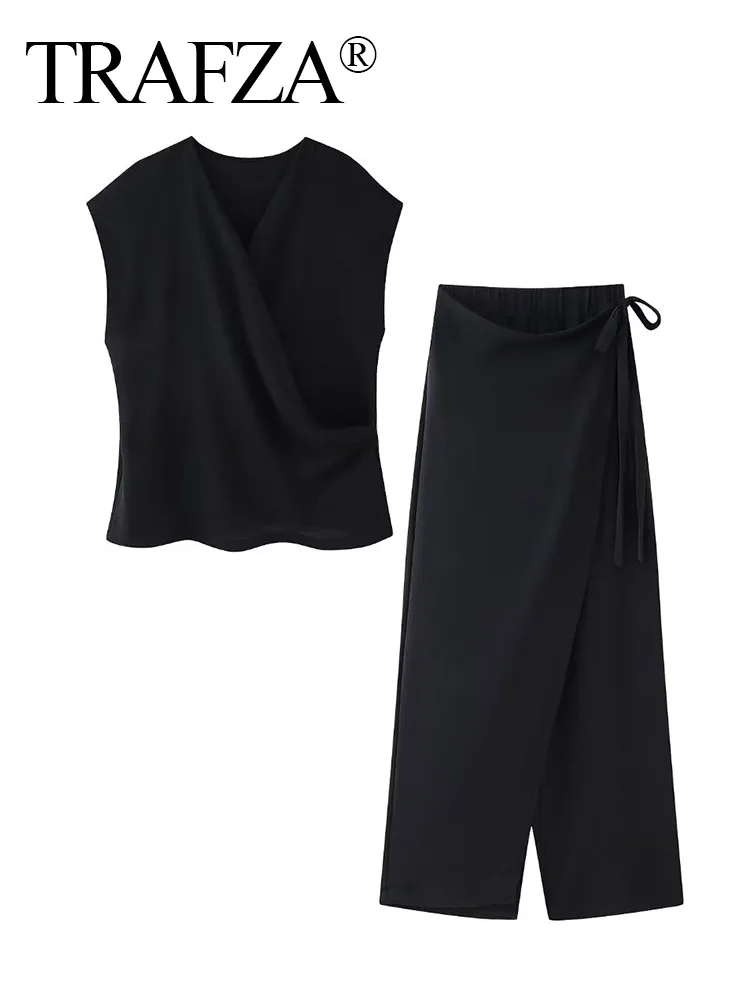 TRAFZA Female Summer Pants Suits Solid V-Neck Sleeveless Asymmetrical Tank Top+Elastic Waist Side Bow Lace-Up Baggy Pant Mujer