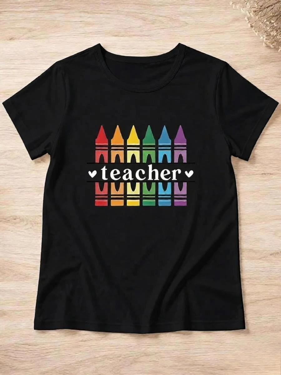 Women's Teacher Graphic Tee Colorful Crayon Design Teacher Text Print O-neck Short Sleeve Casual Top Teacher Appreciation Gift