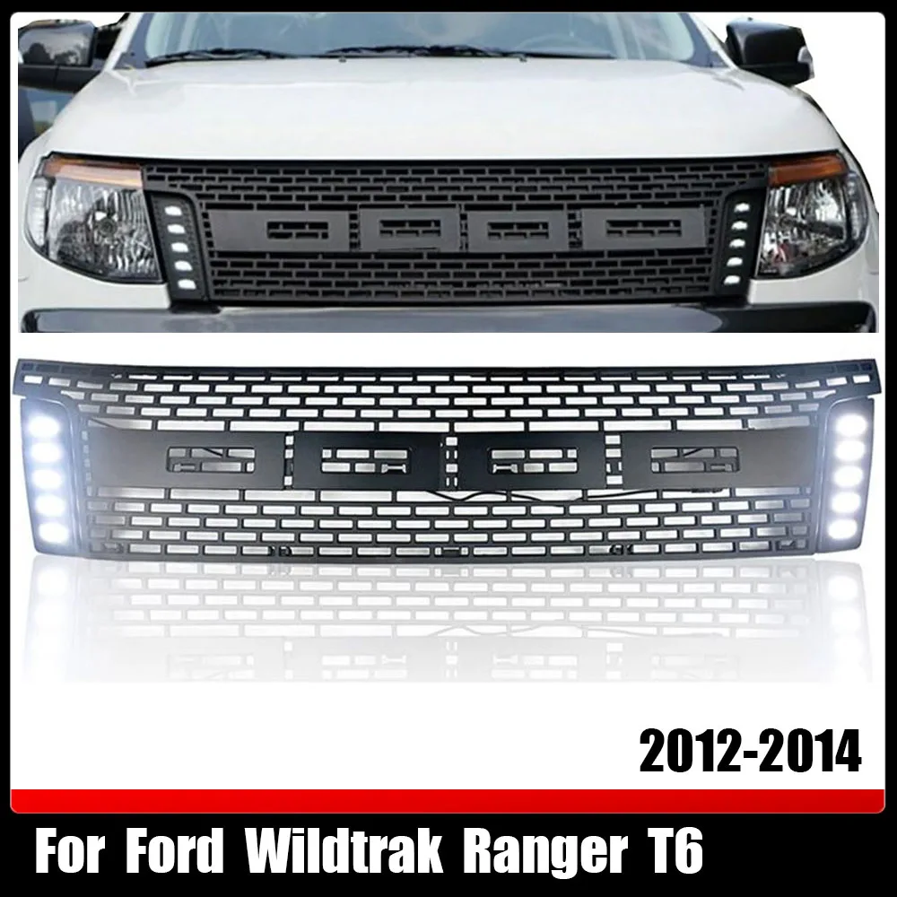 Car Modified Grilles Grill Racing Grills Mesh Front Bumper Mask With LED DRL Pickup Fit For Ford Wildtrak Ranger T6 2012-2014