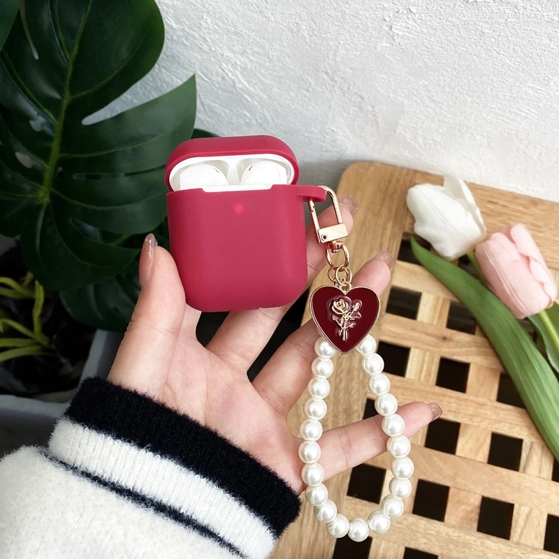 Custodia per auricolari in Silicone rosso vino carino INS per apple Airpods 1 2 3 Pro custodia per cuffie per AirPods portachiavi con perle di rose