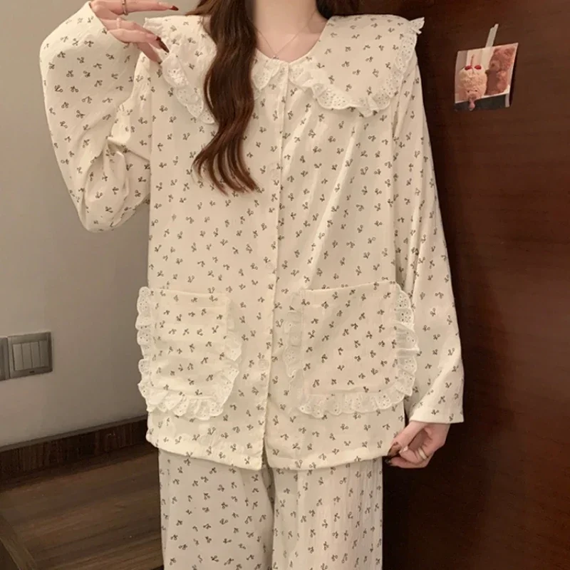 Simple Small Cherry Print Women's Cloud Cotton Pajamas Korean Sweet Fashion Casual Homewear Spring Autumn New Sleepwear 2pc