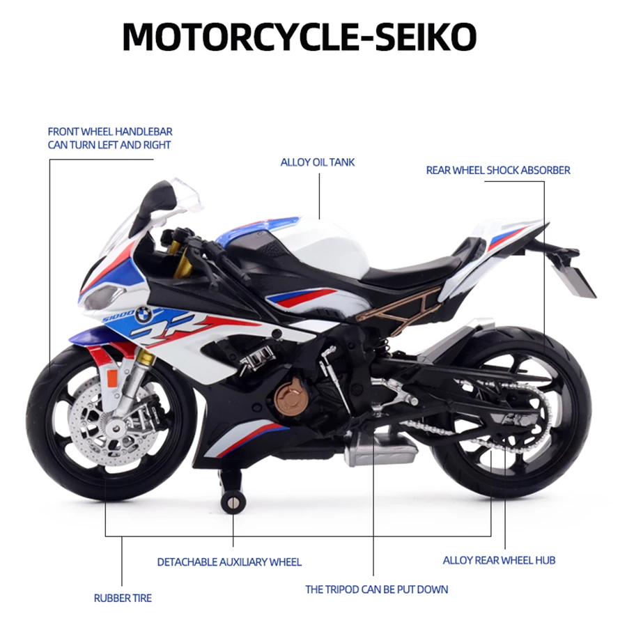 โมเดลรถมอเตอร์ไซค์ BMW S1000RR ขนาด 1/12 ของเล่นโลหะผสมแบบหล่อขึ้นรูป จำลองแบบรถมอเตอร์ไซค์ ของสะสมตกแต่ง ของเล่นเด็กผู้ชาย ของขวัญ