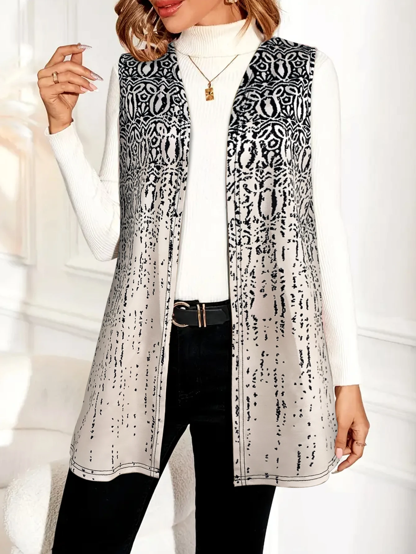 

Women's Sleeveless Open - Front Vest (No Inner Wear), Abstract Geometric Print, Casual Trendy Layering Piece Without Inner Garme