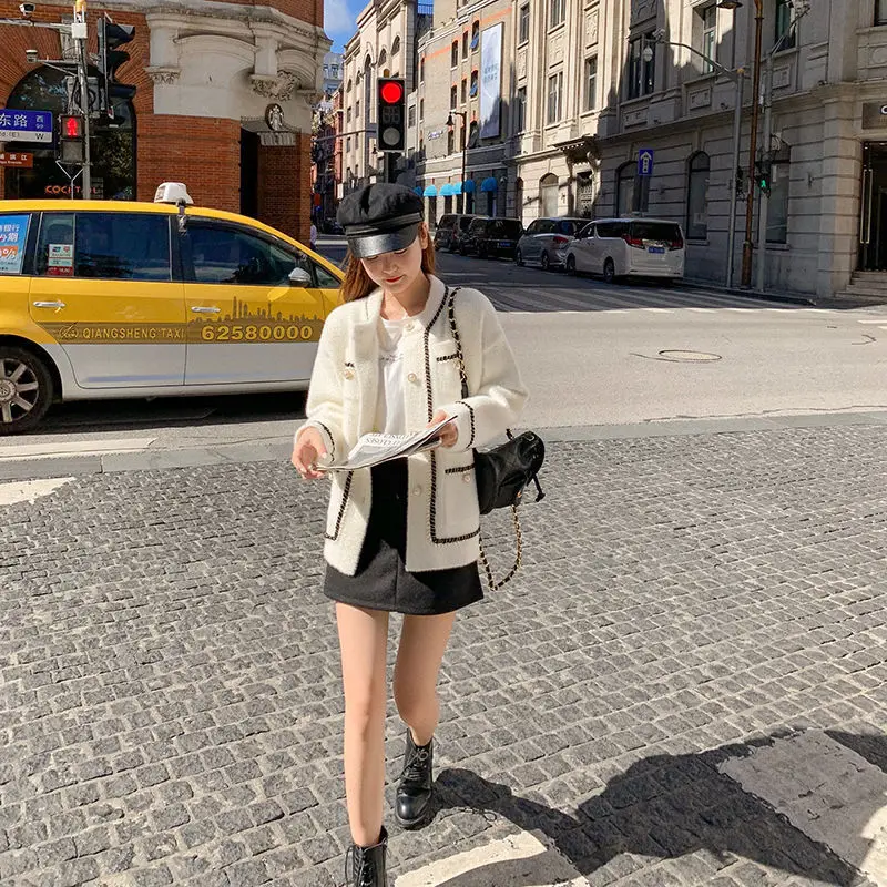 White Mink Cashmere Sweater Coat Women Autumn Winter Lazy Style Female Korean Retro Black Loose O Neck Knitted Cardigan Fashion