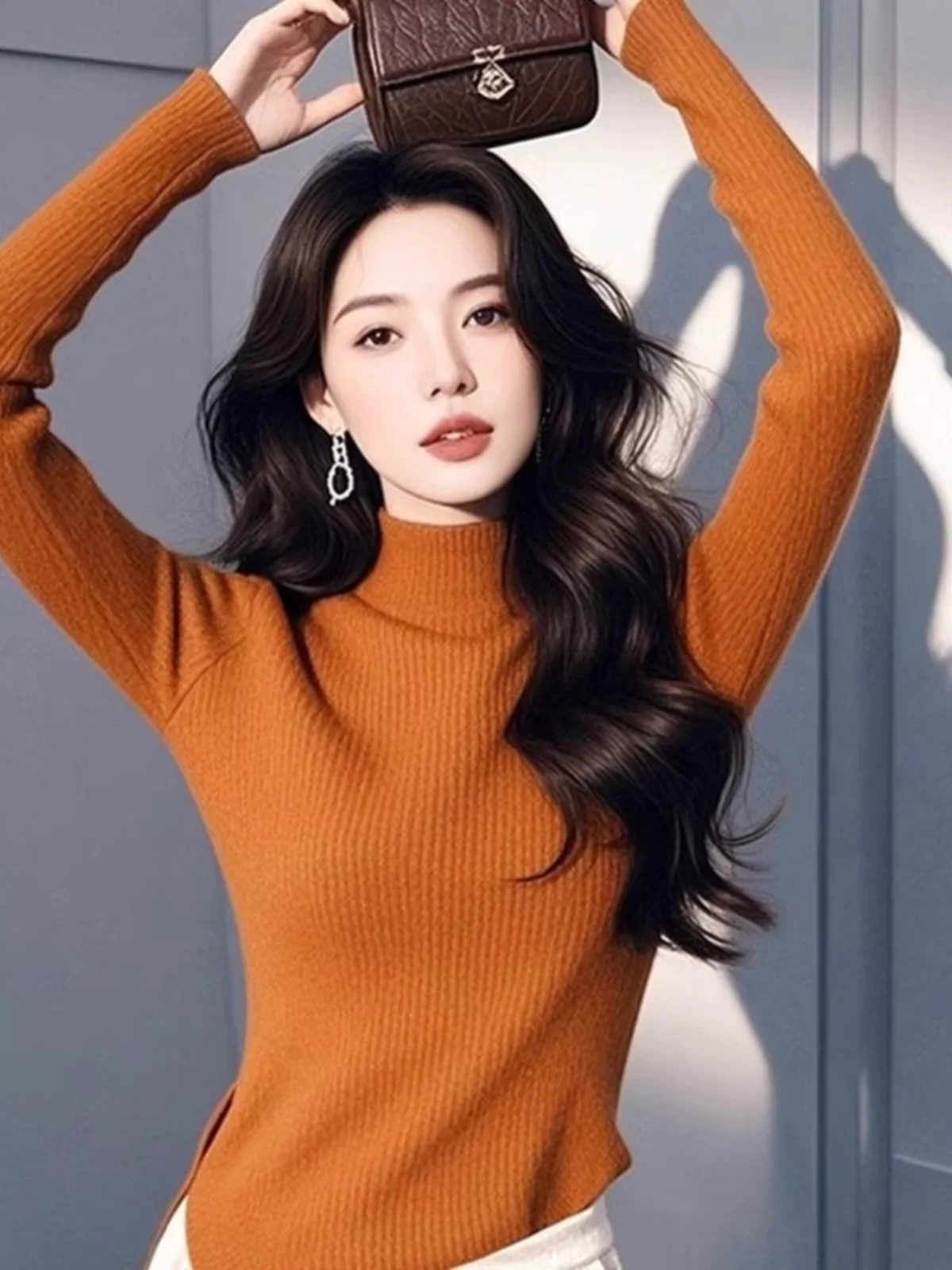 

Retro Beautiful Pumpkin Orange High Collar Long Sve Knitted Base irt Women's Autumn Winter Sle Super Good Looking Inne...