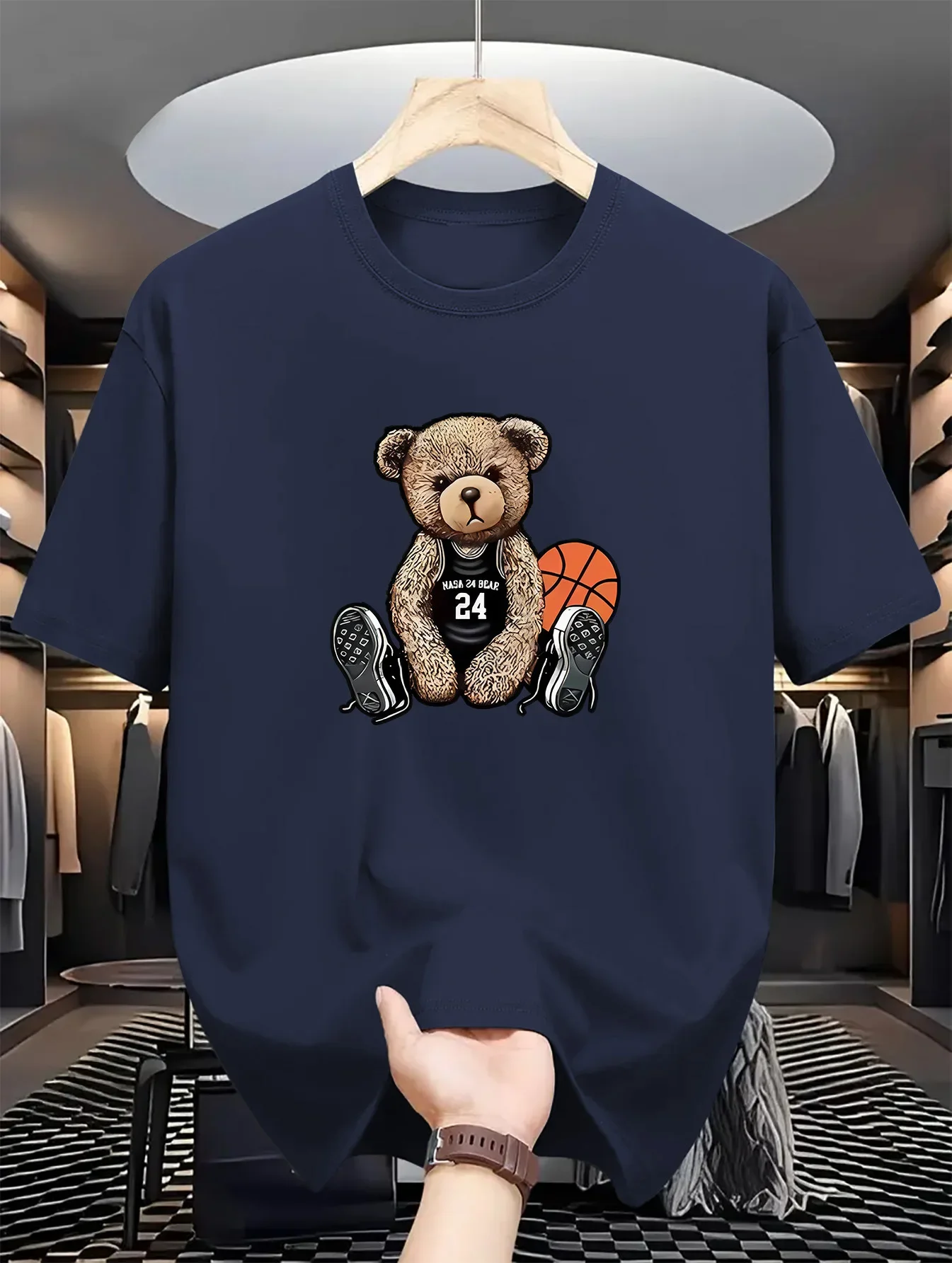 T-Shirt col rond décontracté pour hommes et femmes, avec imprimé basket-ball et ours, légèrement extensible, haut tendance d'été, coupe régulière