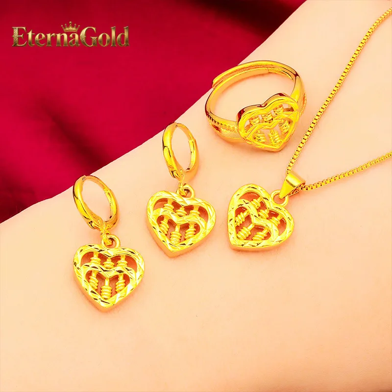 

Комплект украшений EternaGold: кольцо, ожерелье и серьги «Любовь-Абакус» для женщин, 24-каратное золото, AU999, глянцевые золотые бусины-абакусы, соединенные в форме контура любви