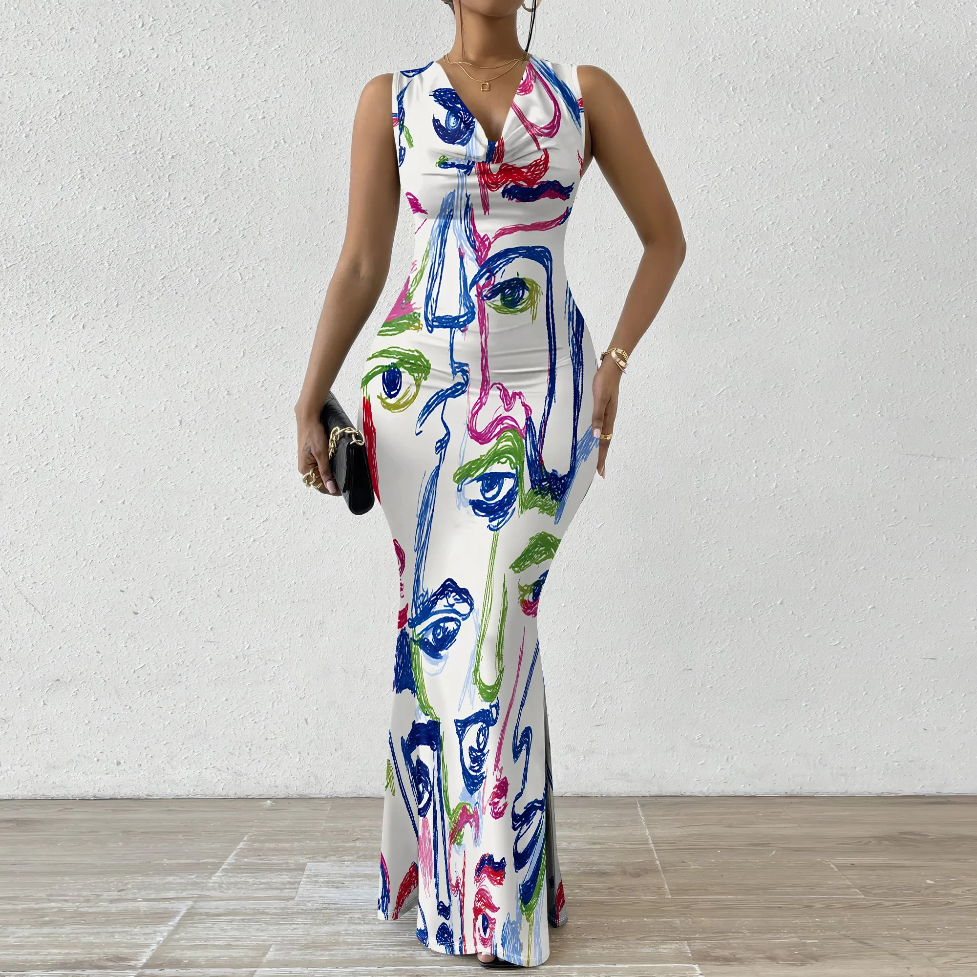 

Women's Elegant Bodycon Maxi Dress Abstract Face Print V-Neck Sleeveless Slim-Fit Party Gown XS-2XL