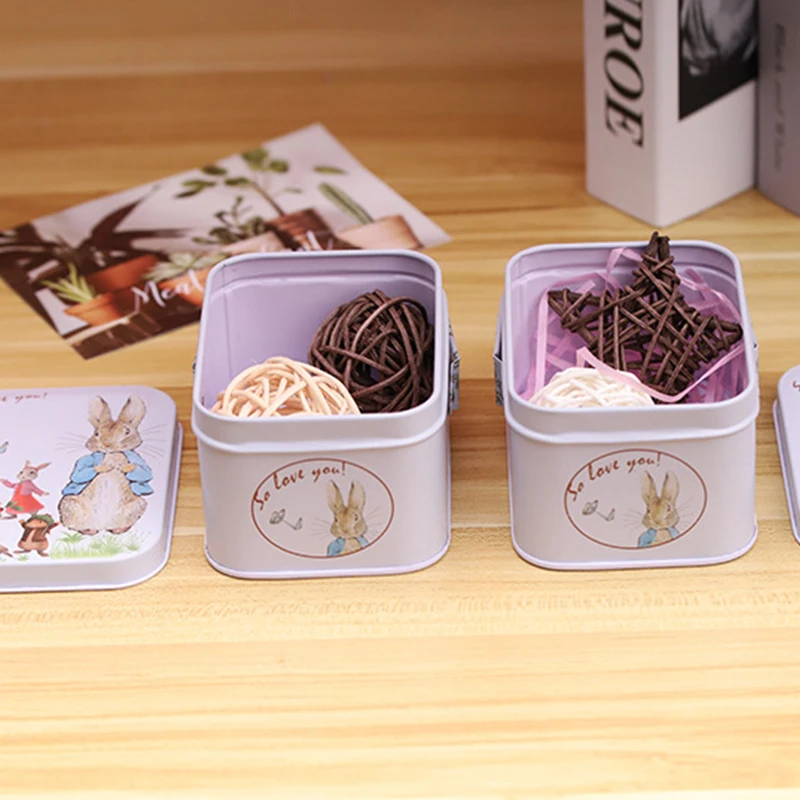 Small Portable Rabbit Biscuit Chocolate Candy Tin Box For Wedding Handle Rectangular Packaging Box Home Organizer Storage Box