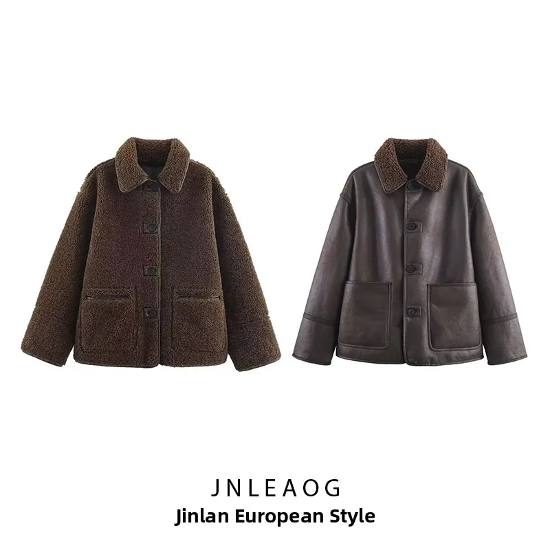 

JNLEAOG Autumn New Women's Faionable Double-Sided Two-Way Coat Versatile Outerwear Polyester Long Sve Button Closure