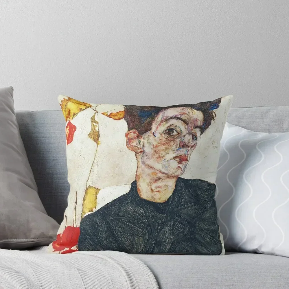 HD Self Portrait with Physalis by Egon Schiele 1914 HIGH DEFINITION Throw Pillow Pillows Aesthetic pillow