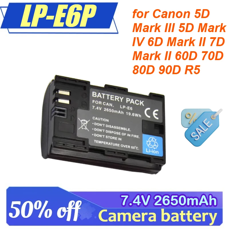 2650mAh LP-E6P Lithium Battery for Canon 5D Mark III 5D IV 6D II 7D Mark II 60D 70D 80D 90D R5 Camera Battery