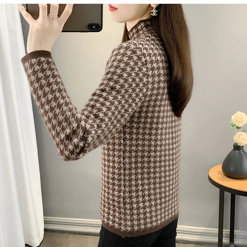 Autumn Winter Plus Velvet Fashion Houndstooth Pullover Harajuku Slim Fit Tops Women All Match Knitwear Long Sleeve Lady Sweaters