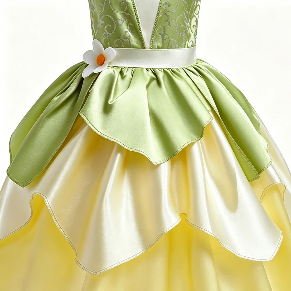 Tiana Kostüm Mädchen Grünes Prinzessinnenkleid mit Feenflügeln Krone Zauberstab für Mädchen Bühnenauftritt Halloween Cosplay – Detail 6