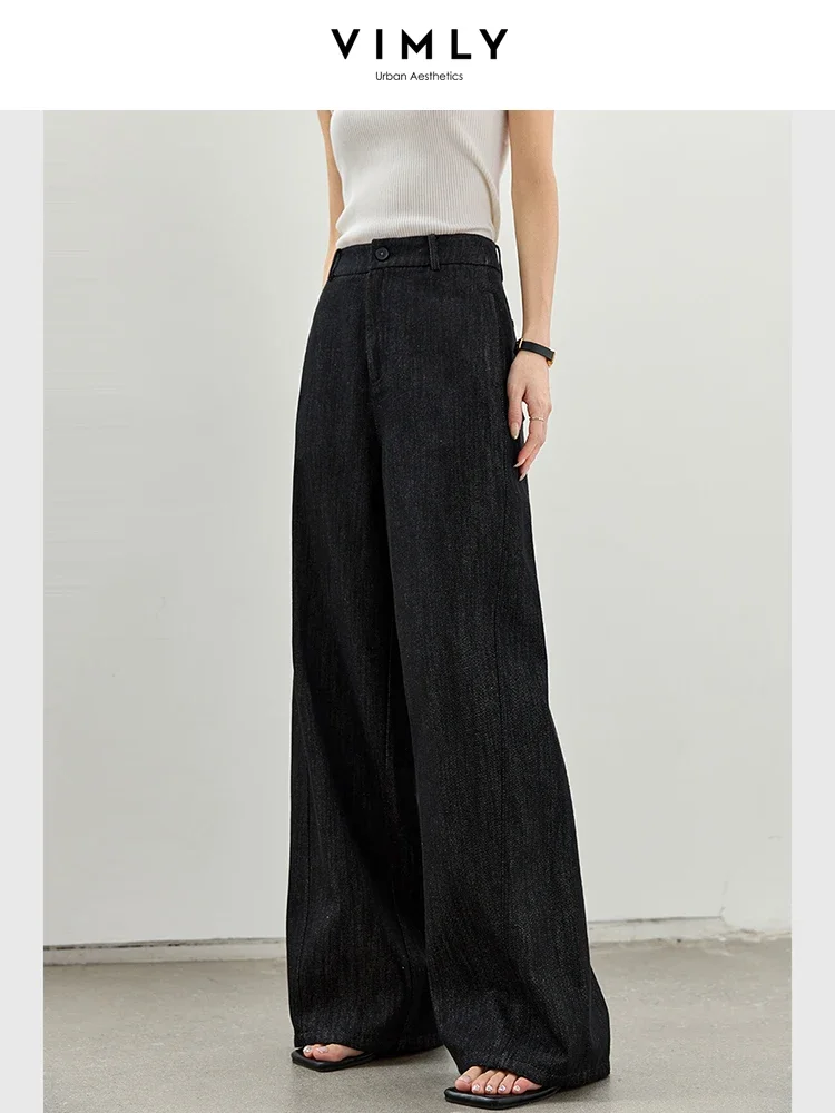 VIMLY جينز نسائي بسيط عالي الخصر وواسع الساق لخريف 2025 سروال فضفاض مستقيم فضفاض مكتب سيدة أسود سراويل جينز A0237 #3