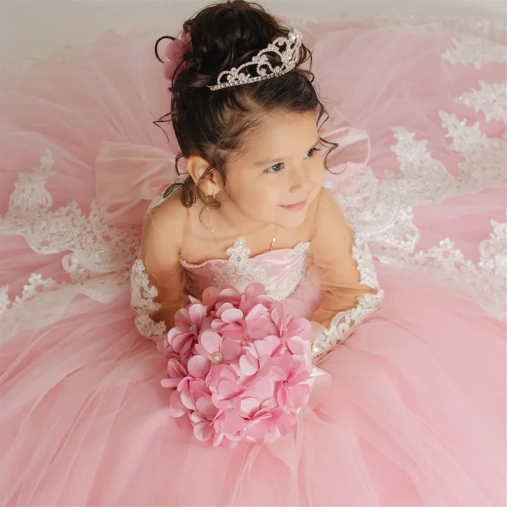 Robe de mariée à fleurs roses pour filles, manches longues, avec des Appliques en dentelle avec nœud, robe de fête d'anniversaire pour enfants, robe de bal, de Banquet, de Communion