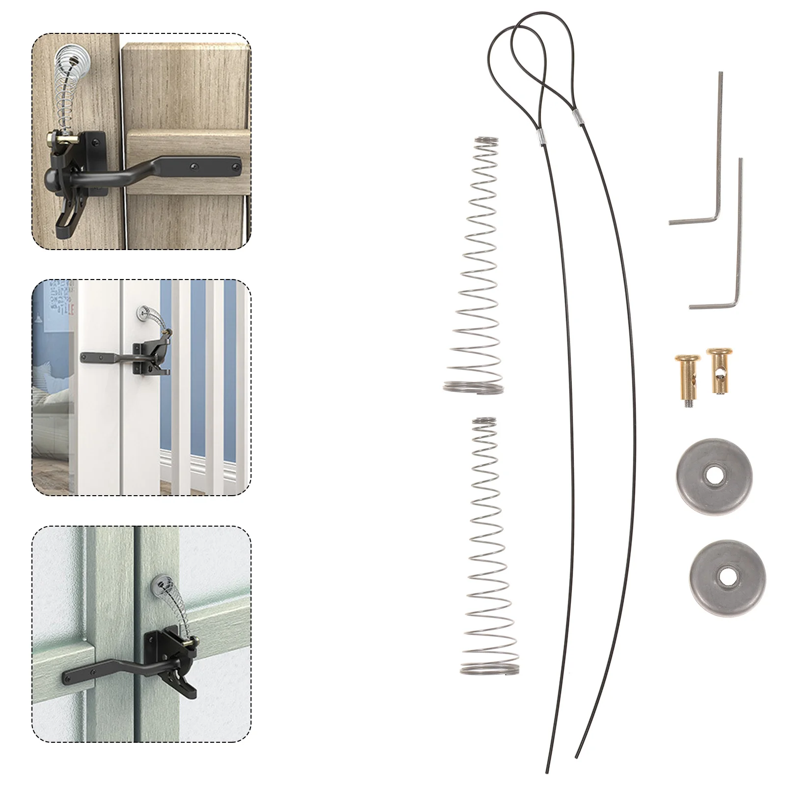 2 Sets Latches Bolts Spring with Gate Opener Lock Fence Double Cable Pull Loaded Door Baby