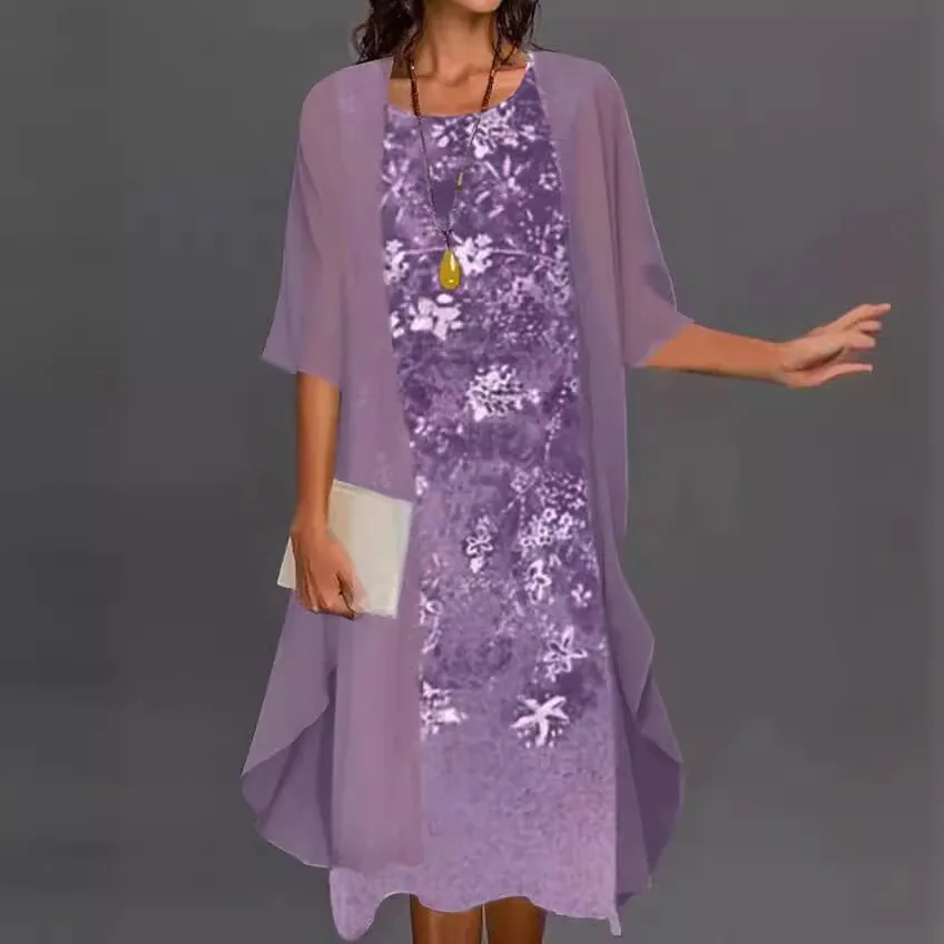 

Women Two-piece Dress Set Temperament 2025 Spring/summer New Dress Elegant Round Neck Lace Chiffon Irregular Cardigan Dress Set