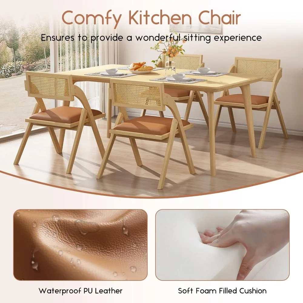 Set di 2 sedie da pranzo pieghevoli, sedie da pranzo pieghevoli in legno, sedie da sala da pranzo moderne in rattan di pelle della metà del secolo con imbottitura