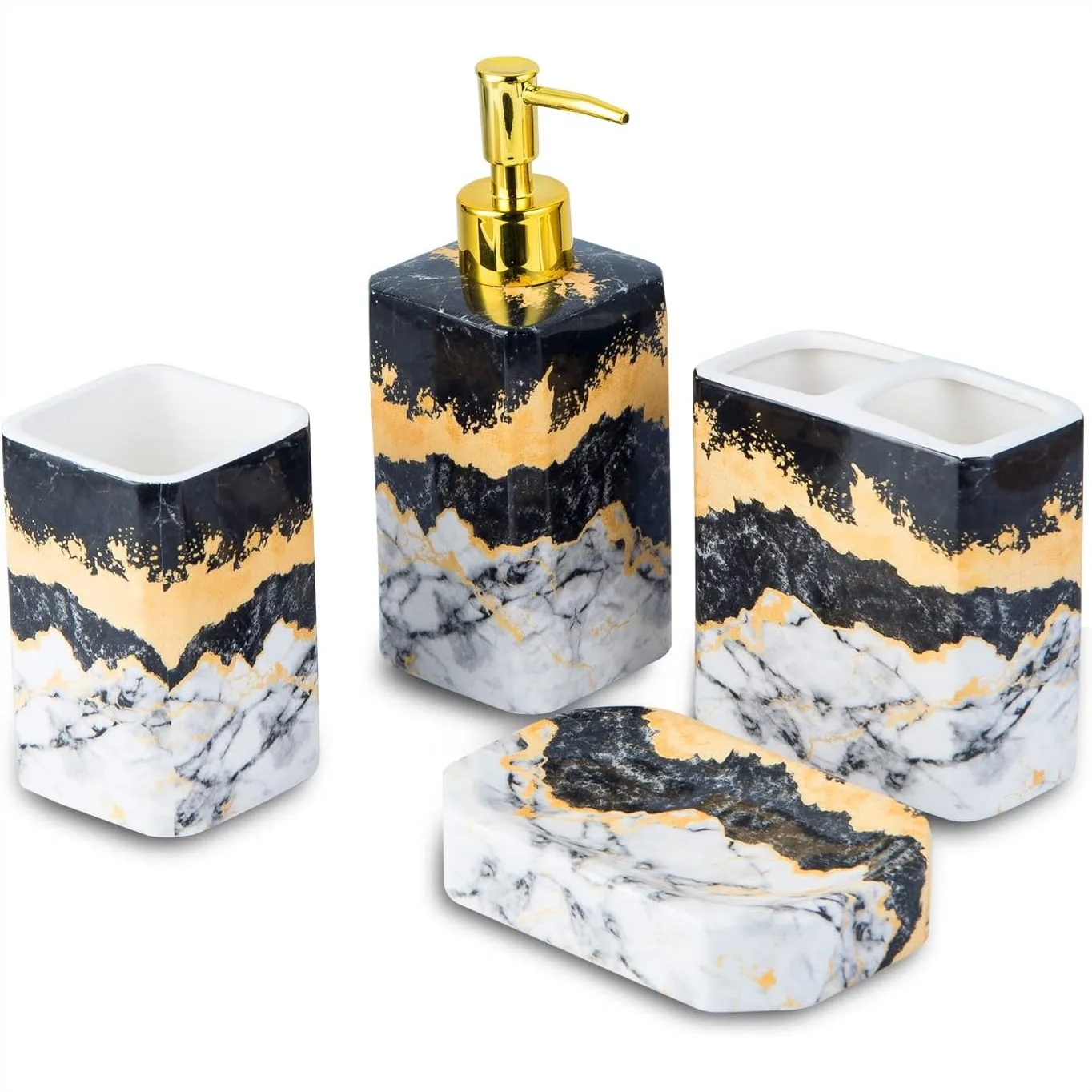 

4 Piece Bathroom Accessories Set - Black and White Marble Ceramic Soap Dispenser, Toothbrush Holder, Tumbler & Soap Dish