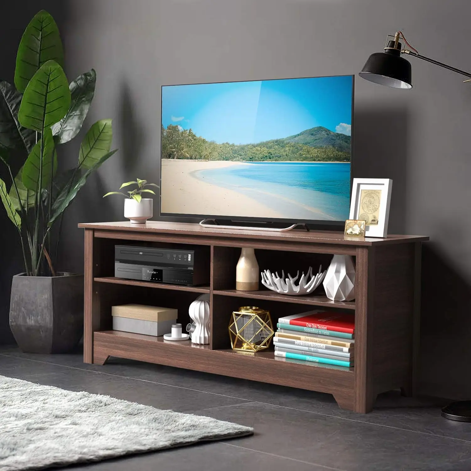 4 Cubby TV Stand, Wood  for TVs up to 65 Inch, Farmhouse Media Console Cabinet Entertainment Center w/Cable Management