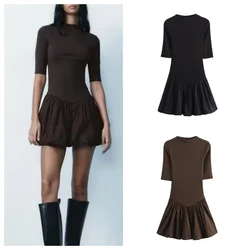 European and American style fashion slimming round neck poplin splicing dress women's stylish fluffy short skirt