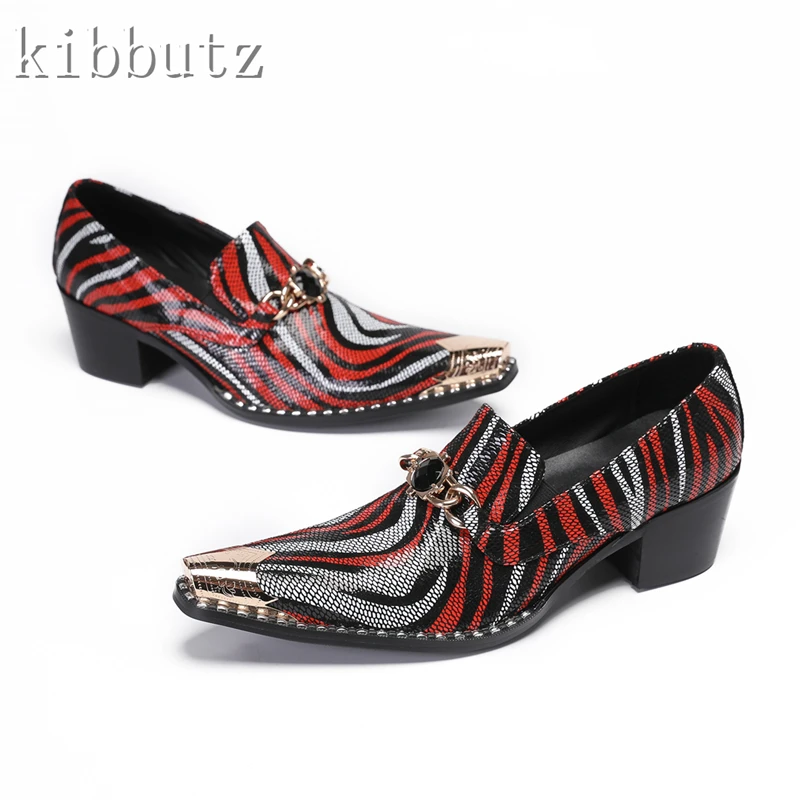 Zapatos de cuero genuino para hombre, calzado de vestir con hebilla de GEMA de colores mezclados, con personalidad y Punta de Metal, y boda para fiesta, nuevo diseño