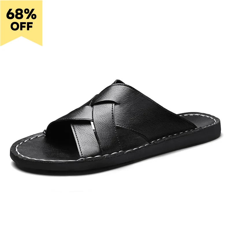 

Casual Men's Flat Bottom Slippers Large Size Leather Strap 2026 New Style Cross-Border Slip-On Shoes Rubber Outsole Comfortable