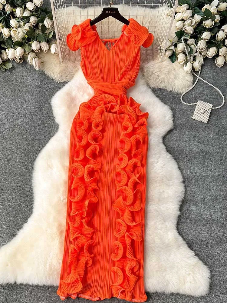 Feminino elegante chique emagrecimento vestido no verão cor sólida decote em v plissado vestido em camadas senhoras bonito aniversário plissado vestido de noite