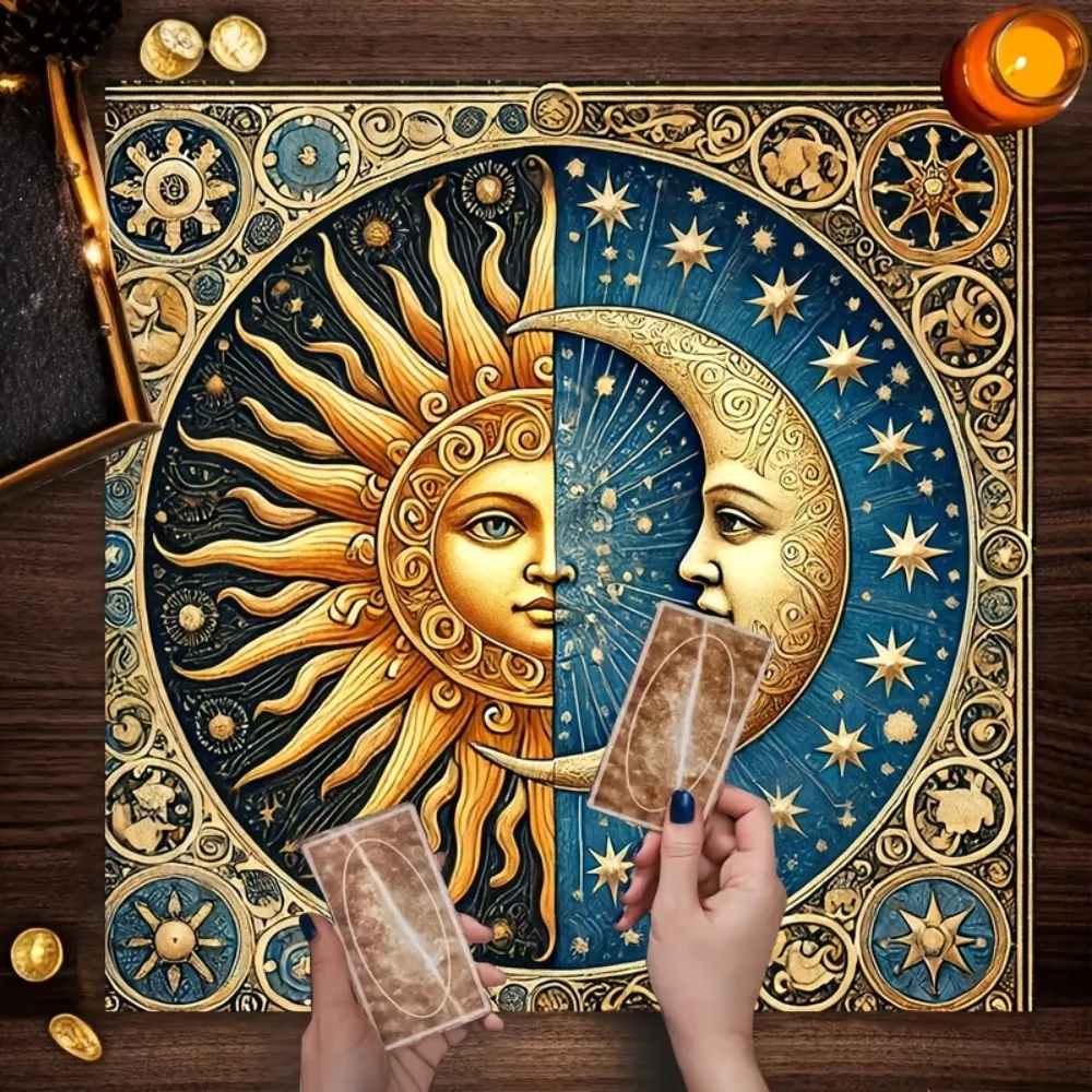 Tarot Altartuch in Verschiedenen Größen HD Digitaldruck Sonne Mond Blumen Lebensbaum 100% Polyester Knitterfreie Orakelkarten-Matte Spirituell