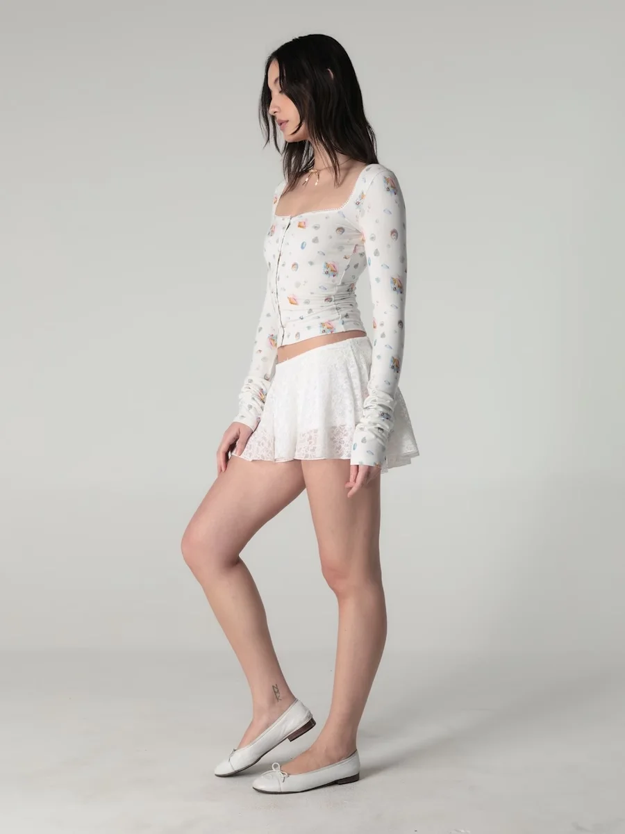 كارديجان محبوك بأكمام قصيرة مثير بلون واحد وياقة مربعة بتصميم أزرار وقميص طويل بأكمام ضيقة للشابات