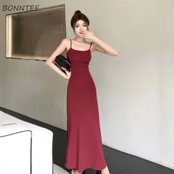 Kleid Frauen A-line Minimalistischen Feste Alle-spiel Backless Elegante Hohe Taille Freizeit Beliebten Koreanischen Stil Weiblich Zart Sommer Gemütliche