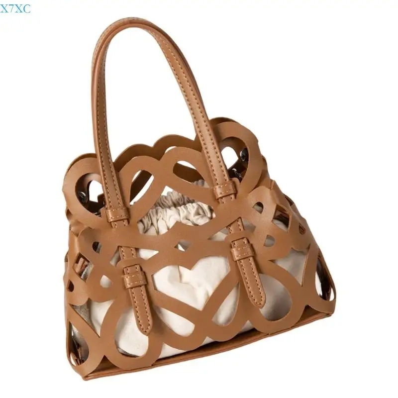 

X7XC Modern Openwork Shoulder Bag Drawstring Closure Practical PU Handbag Multi Way Carry Daily Essential