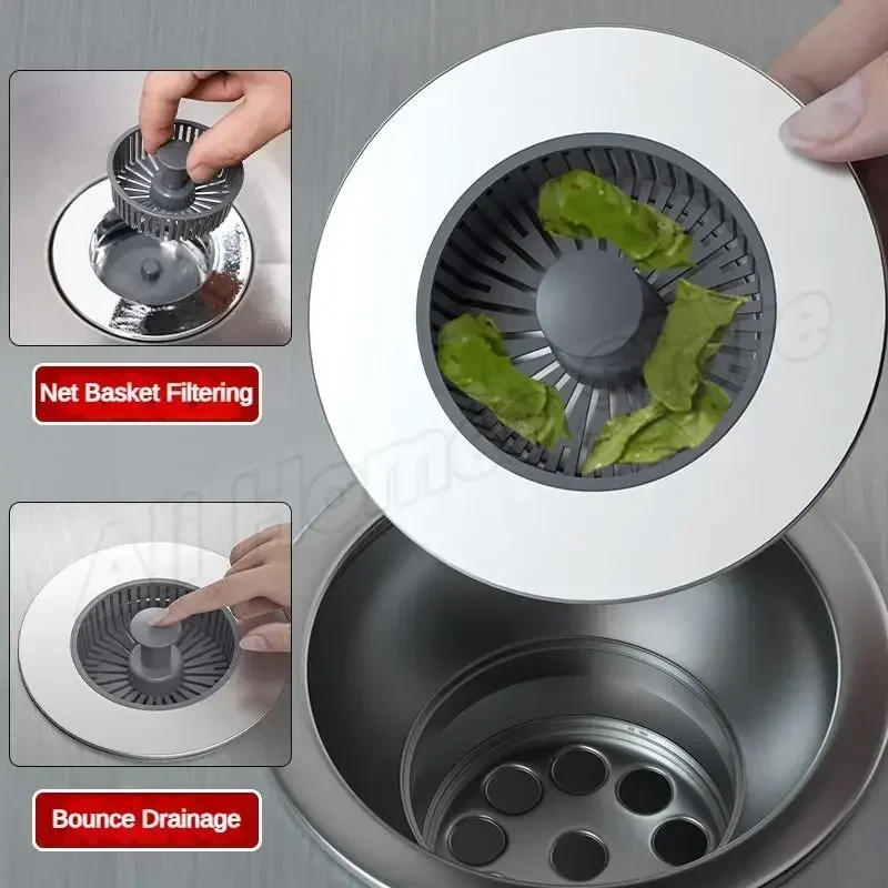 3 in 1 Kitchen Filter Sink Pop Up ABS Silver Plated Sink Strainer Drain Basket Stopping Blockage Bouncing Core Leak-proof Plug