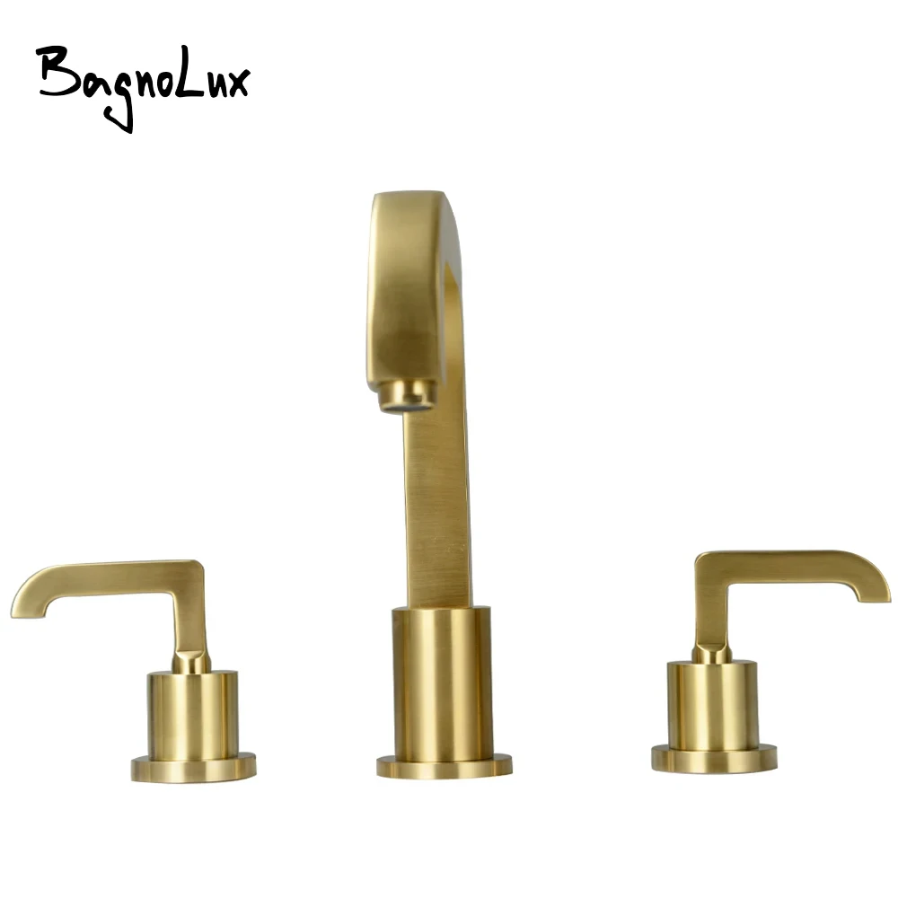 Three-hole Mixer Hot Cold Water Taps Bagnolux Brushed Gold Brass Deck Mounted Bathroom Above Counter Basin Faucet Dual Holder