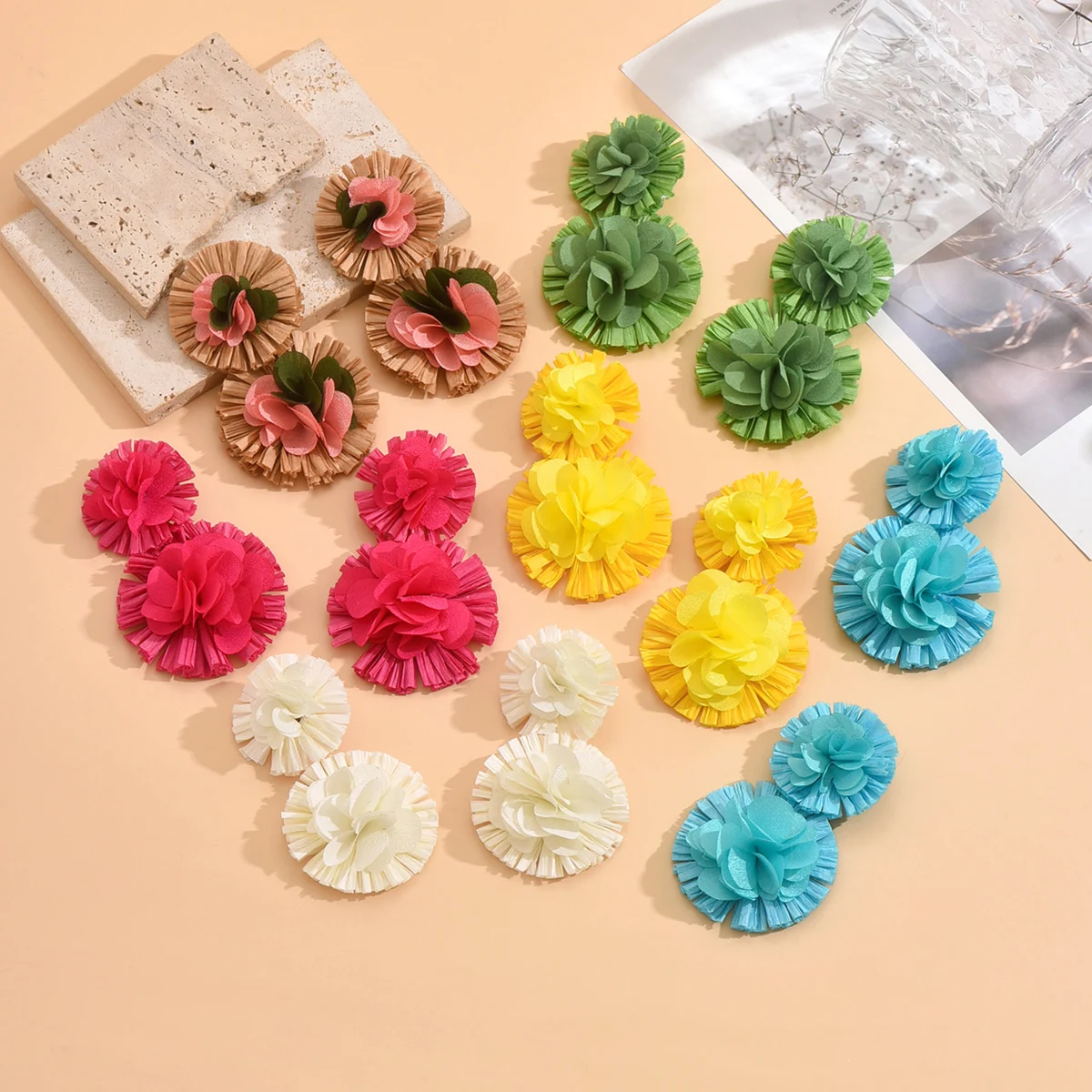Bohemian Raffia Flower Earrings,Cute Simple Holiday Party Women Accessories,Gifts for Lover and Friends
