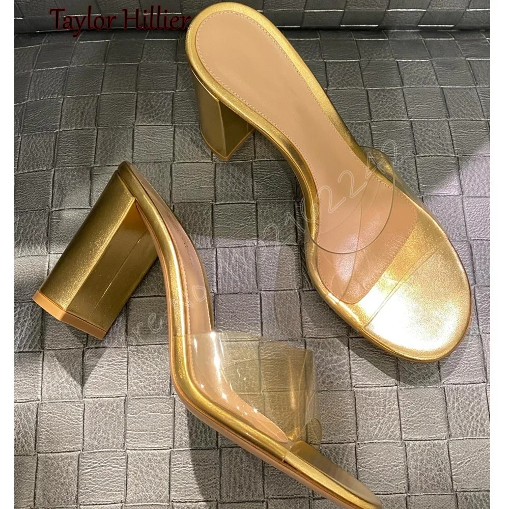 

Gold Transparent Pvc Slippers Round Toe Thick Heel Shallow Mouth High Heels Fashionable Outer Wear Party Dress Slippers Sandals