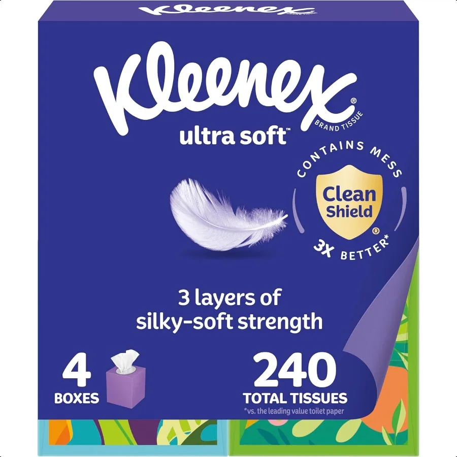 

Kleenex Ultra Soft Facial Tissues 4 Cube Boxes 60 Tissues per Box 3Ply 240 Total Packaging May Vary