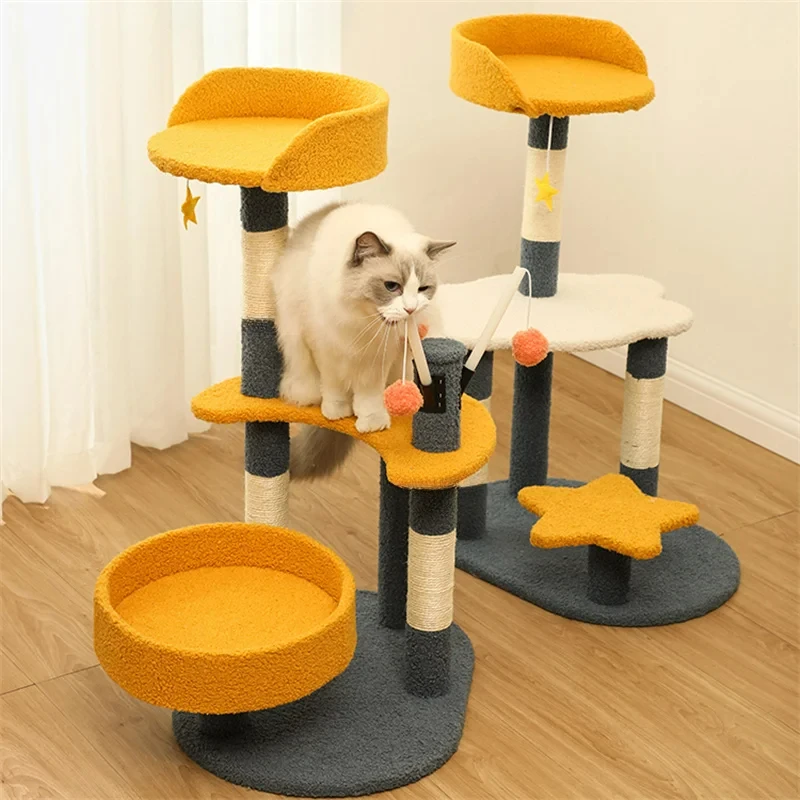 Creative Cat Tree House Cats Climbing Frame Scratching Post for Cat Tower Board Pets Furniture Cat Scratcher with Dangling Balls