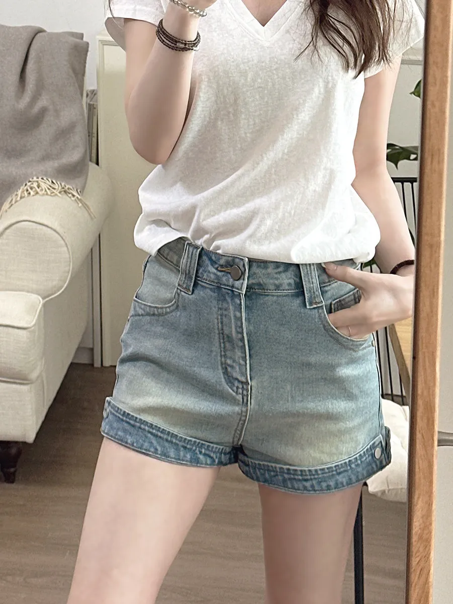 Retro High Waist Denim Shorts Women's Summer New Style Versatile Spicy Girl Cuffed Loose Wide Leg Hot Pants Korean Style
