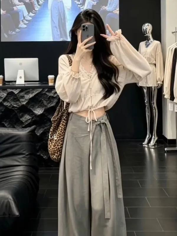 

French Style Long Sleeve Shirt Women's Summer Sweet Sun Protection Loose Feel Earlet Lace Tie Shirt Short Length Other Material