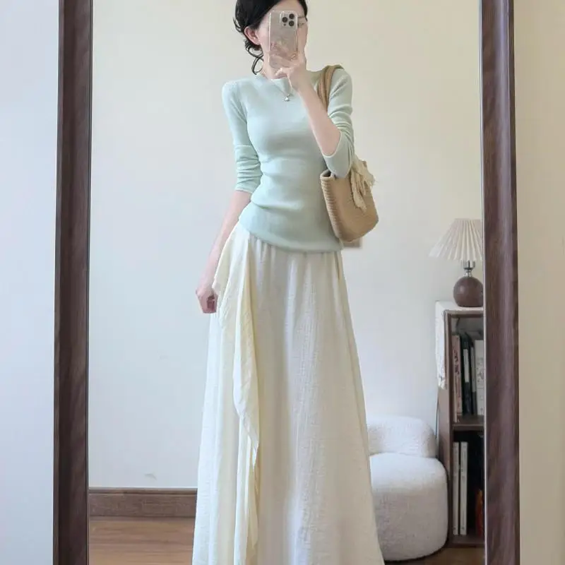 

Осень 2024, женский модный пуловер, эластичный вязаный комплект из двух предметов, свитер с длинными рукавами, топы, тонкая юбка с высокой талией, наряды