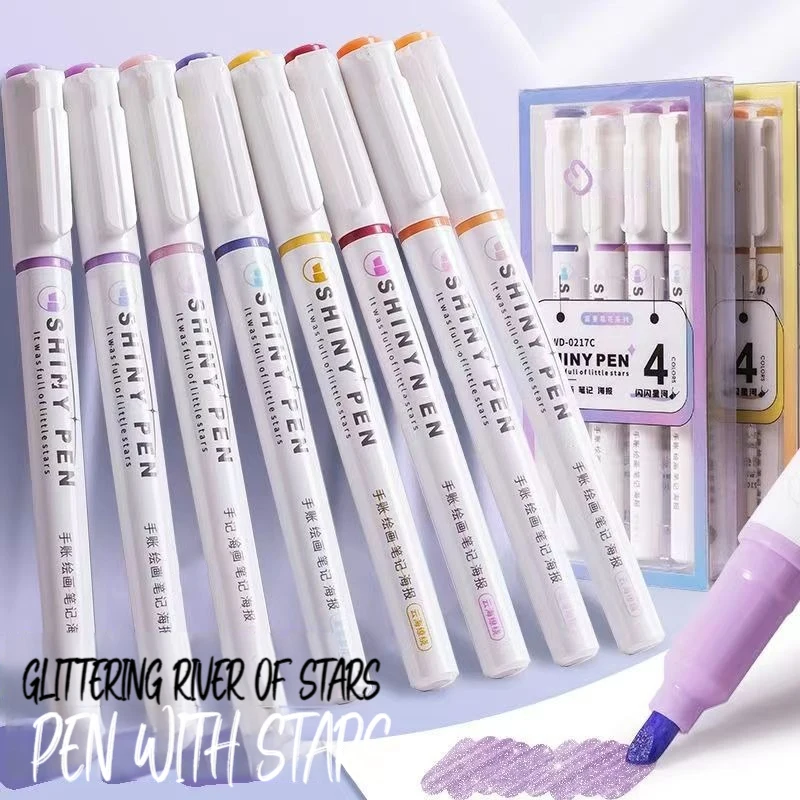 4 Teile/satz Funkelnde Farbe Textmarker Weiche Spitze Farbige Glitter Kunst Marker Für Zeichnung Notizen Pastell Farbe Stift Studie Liefert