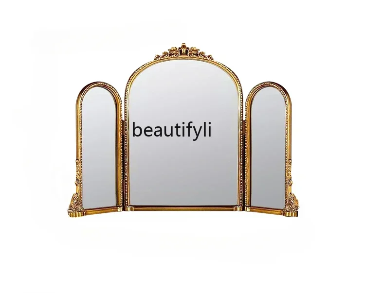 

European carved makeup mirror retro court style princess mirror desktop large classical dresser wall hanging tri-fold mirrorcqy