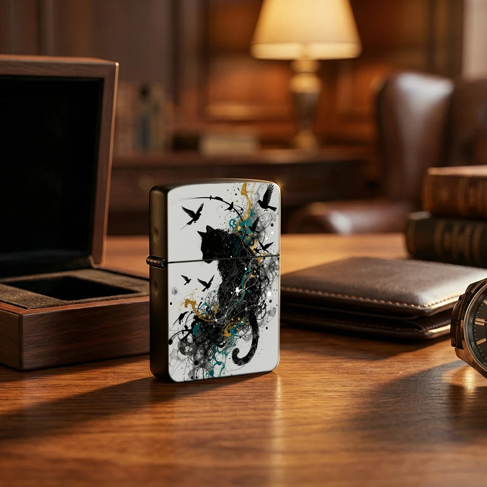 Vintage Flip Top Lighter lighters vintage Black Cat Silhouette With Birds Ink Splash Abstract Fantasy Print lighters for smokers